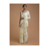 Cream White Saree In Silk With Weaved Floral Motifs In Repeat Pattern Online - Kalki Fashion