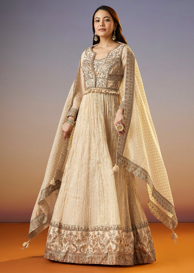 Cream Zardosi Jacket Anarkali Set With Dupatta