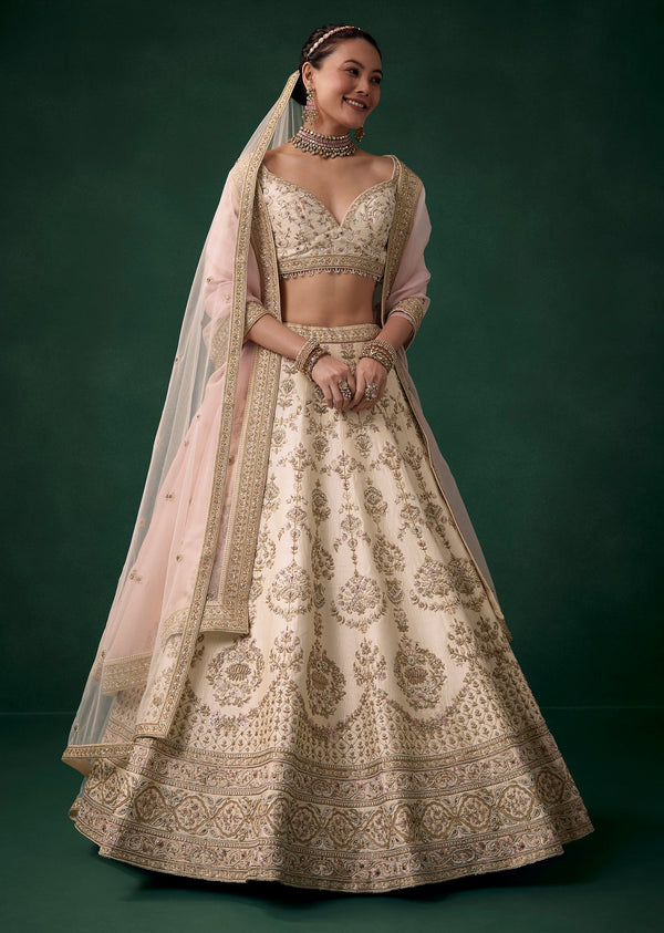Cream Zari Embroidered Bridal Lehenga Set