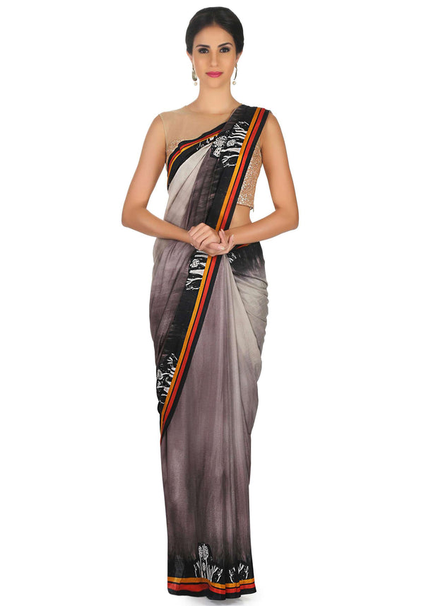 Cream, Grey And Black Shaded Saree With Printed Pallu And Border Online - Kalki Fashion