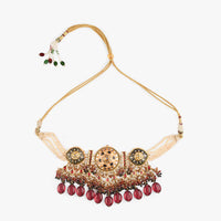 Cream And Black Minakari Necklace With Kundan And Rani Pink Bead Fringes