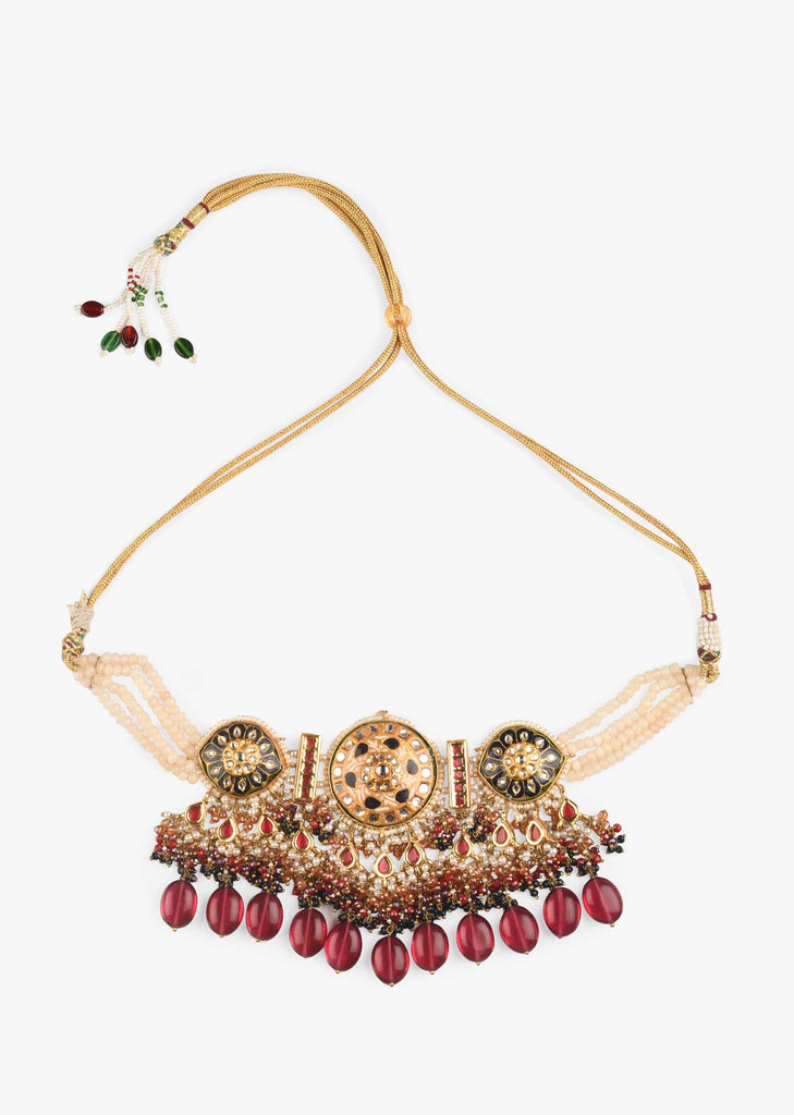 Cream And Black Minakari Necklace With Kundan And Rani Pink Bead Fringes
