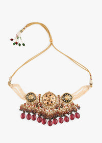 Cream And Black Minakari Necklace With Kundan And Rani Pink Bead Fringes