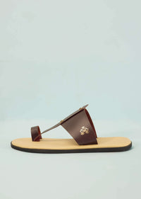 Cream White And Mocha Brown Strappy Slides For Men In Leather With Buttons
