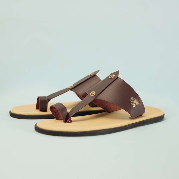 Cream White And Mocha Brown Strappy Slides For Men In Leather With Buttons