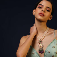 Cream Beaded Necklace With Pink Minakari Pendant And Dangling Purple Beads