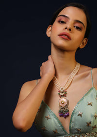 Cream Beaded Necklace With Pink Minakari Pendant And Dangling Purple Beads