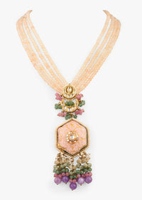 Cream Beaded Necklace With Pink Minakari Pendant And Dangling Purple Beads