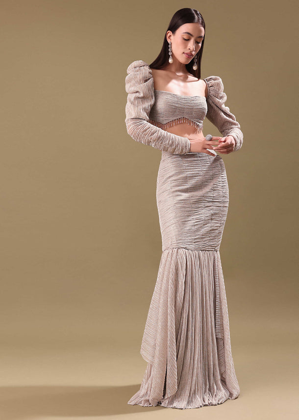 Cream Crushed Shimmer Fishcut Skirt And Blouse