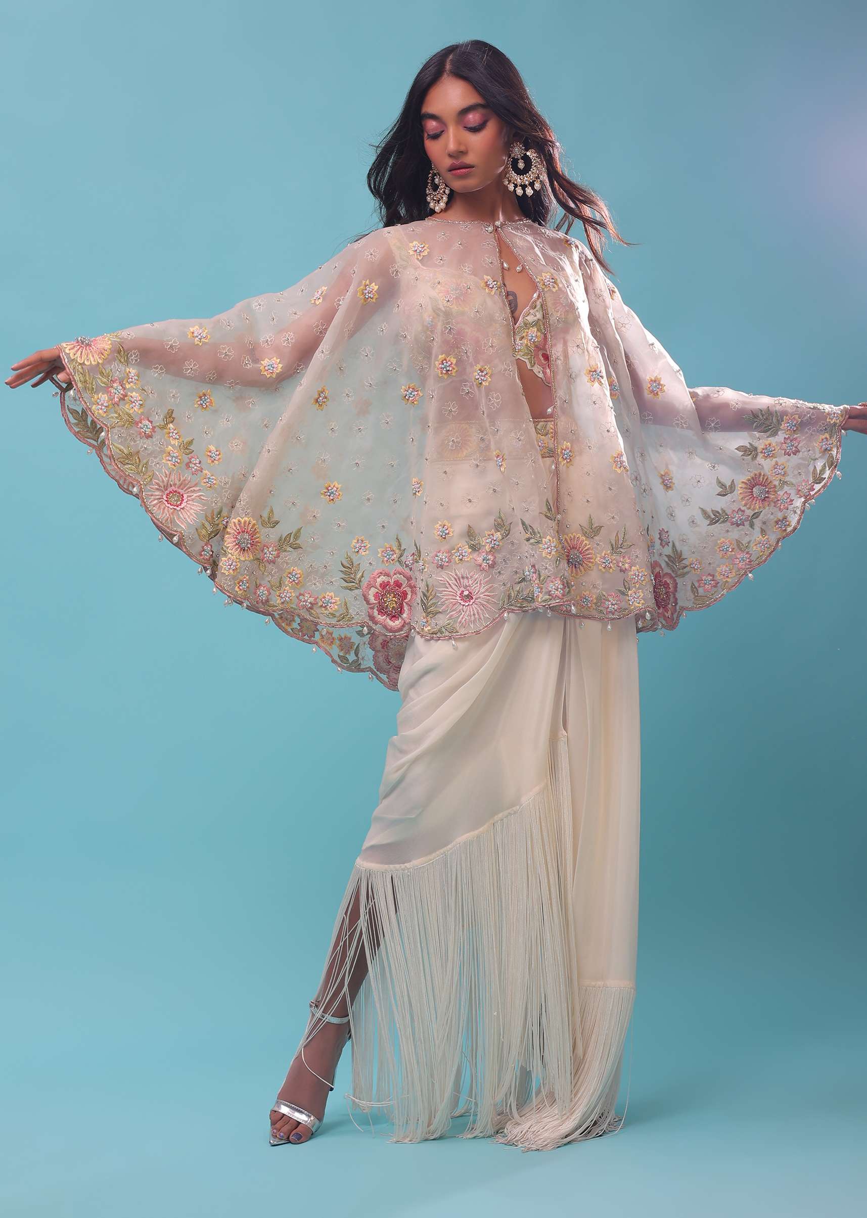 Cream Dhoti And A Crop Top Set In Organza, Crop Top Comes In Sequins And Stones Embroidery