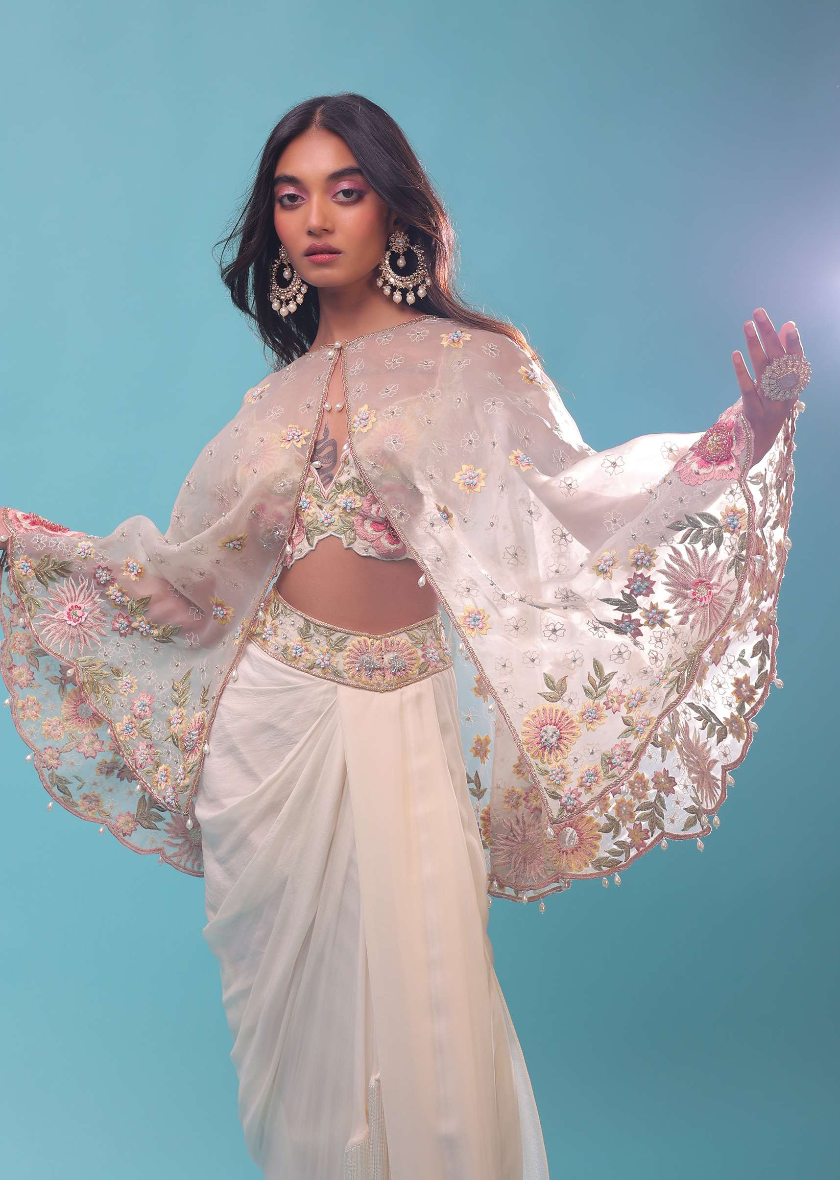 Cream Dhoti And A Crop Top Set In Organza, Crop Top Comes In Sequins And Stones Embroidery