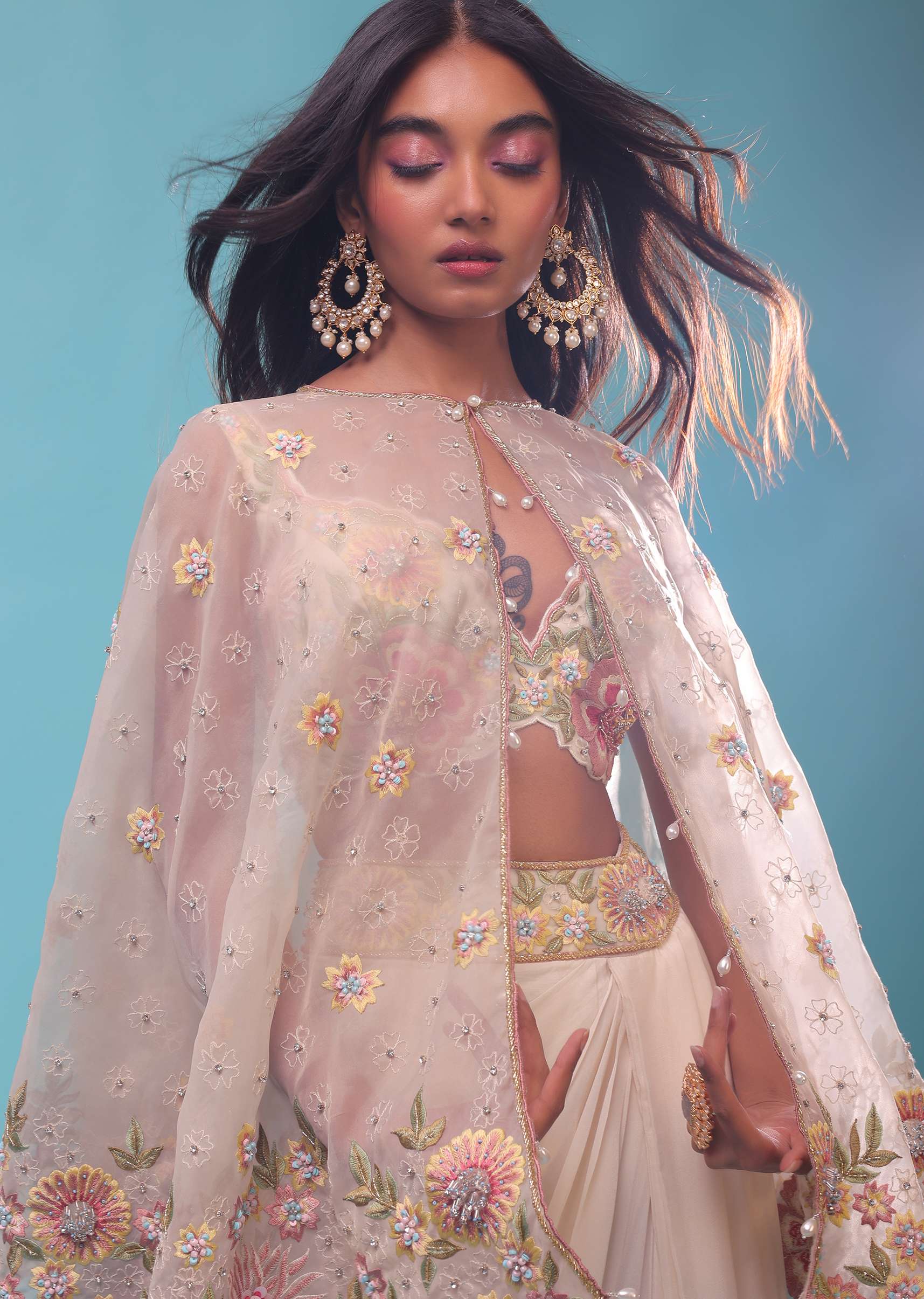 Cream Dhoti And A Crop Top Set In Organza, Crop Top Comes In Sequins And Stones Embroidery