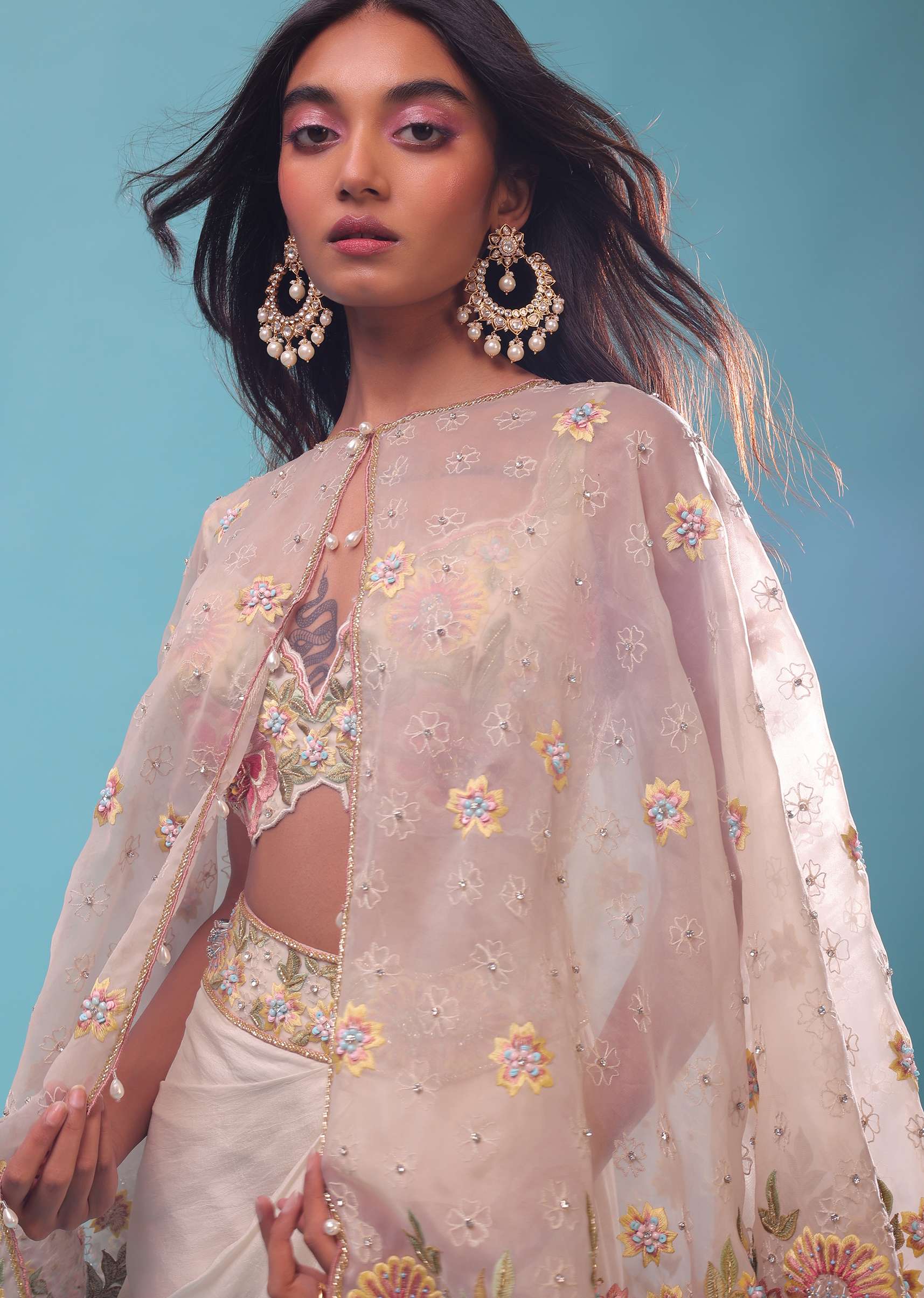 Cream Dhoti And A Crop Top Set In Organza, Crop Top Comes In Sequins And Stones Embroidery