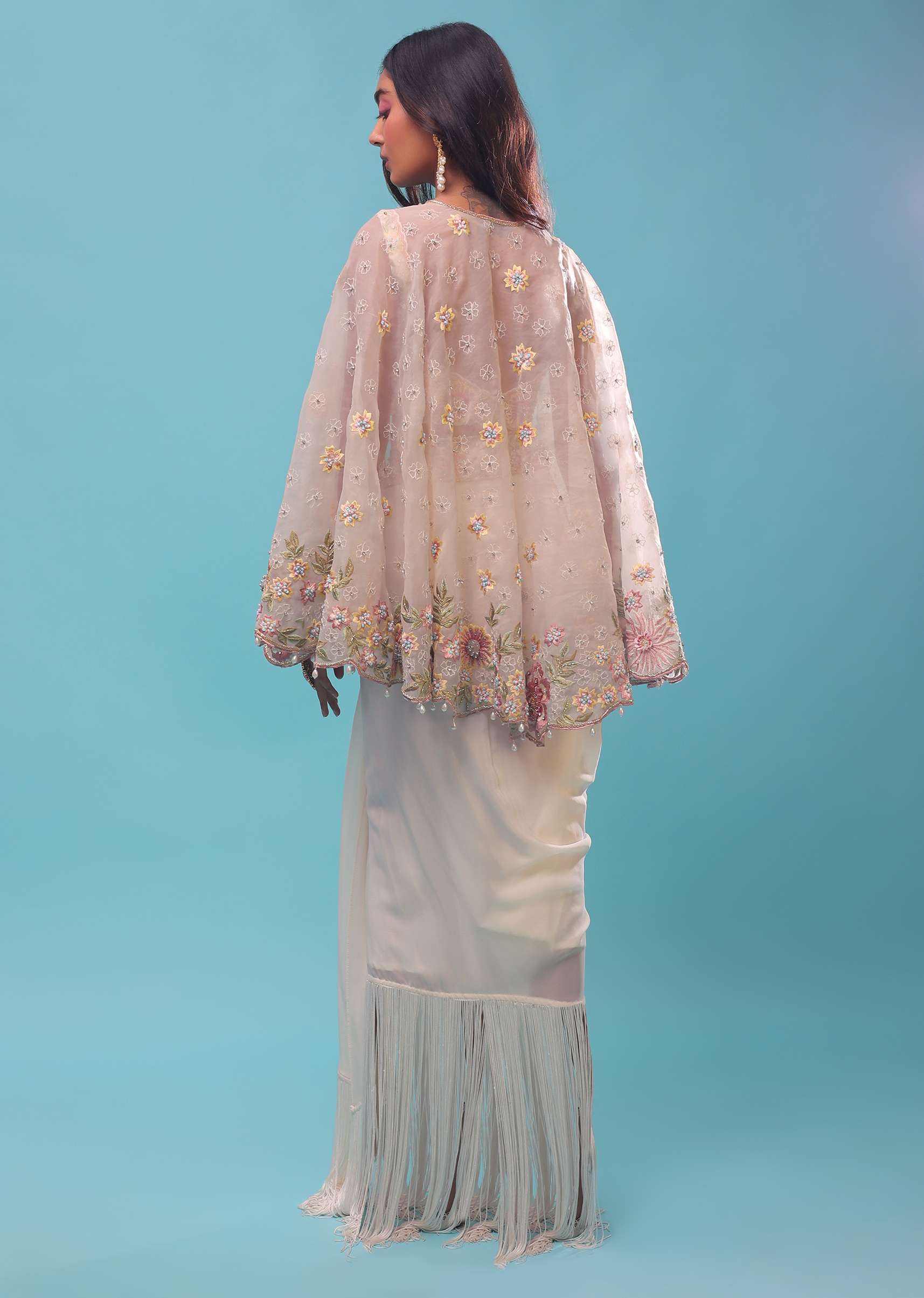 Cream Dhoti And A Crop Top Set In Organza, Crop Top Comes In Sequins And Stones Embroidery