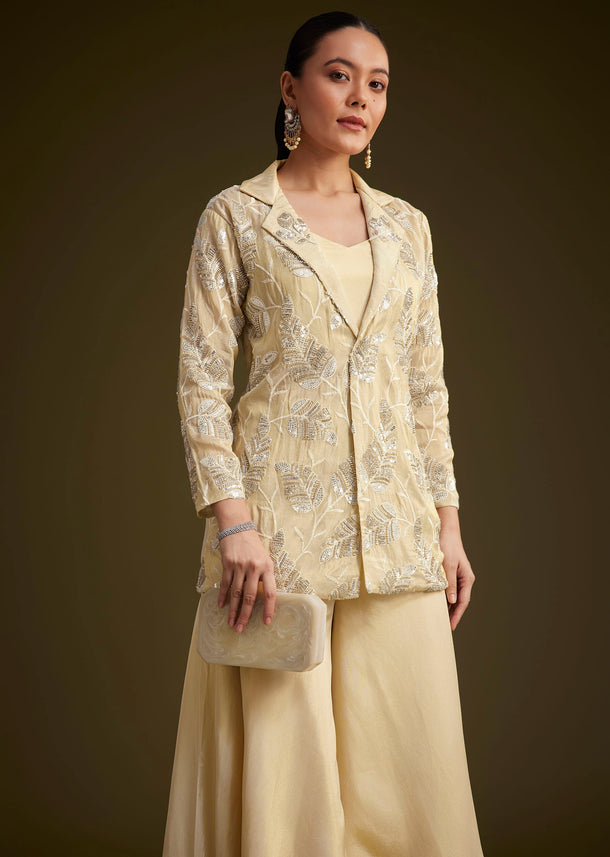 Cream Embroidered Croptop Palazzo And Jacket Set