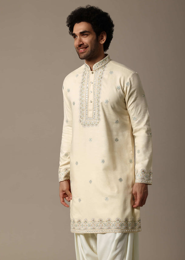 Cream Embroidered Linen Kurta Salwar For Men