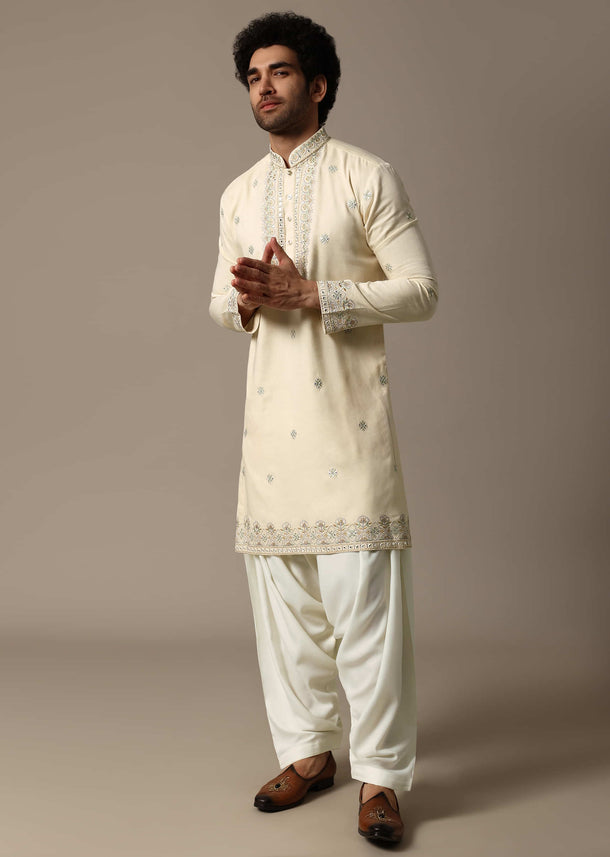 Cream Embroidered Linen Kurta Salwar For Men