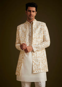 Cream Embroidered Sherwani Set