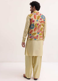 Cream Embroidered Silk Kurta Jacket Set For Men