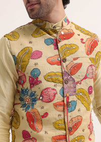 Cream Embroidered Silk Kurta Jacket Set For Men