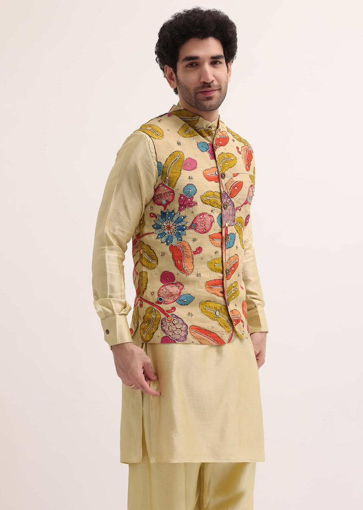 Cream Embroidered Silk Kurta Jacket Set For Men