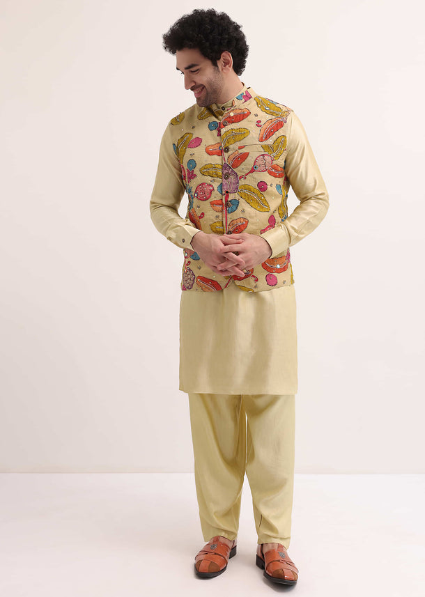 Cream Embroidered Silk Kurta Jacket Set For Men