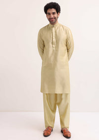 Cream Embroidered Silk Kurta Jacket Set For Men