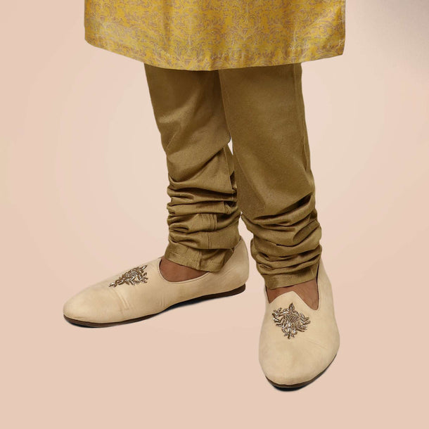 Light Beige Juttis In Suede With Zari Embroidered Motif