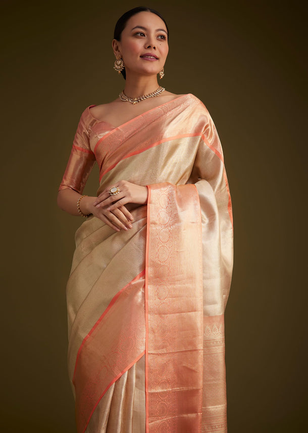 Cream Kanjivaram Silk Saree With Contrast Border And Pallu