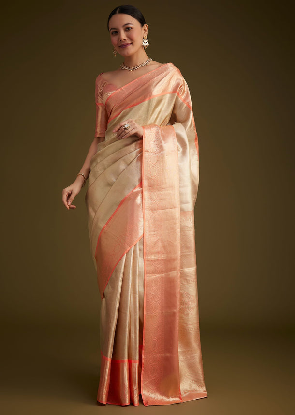 Cream Kanjivaram Silk Saree With Contrast Border And Pallu