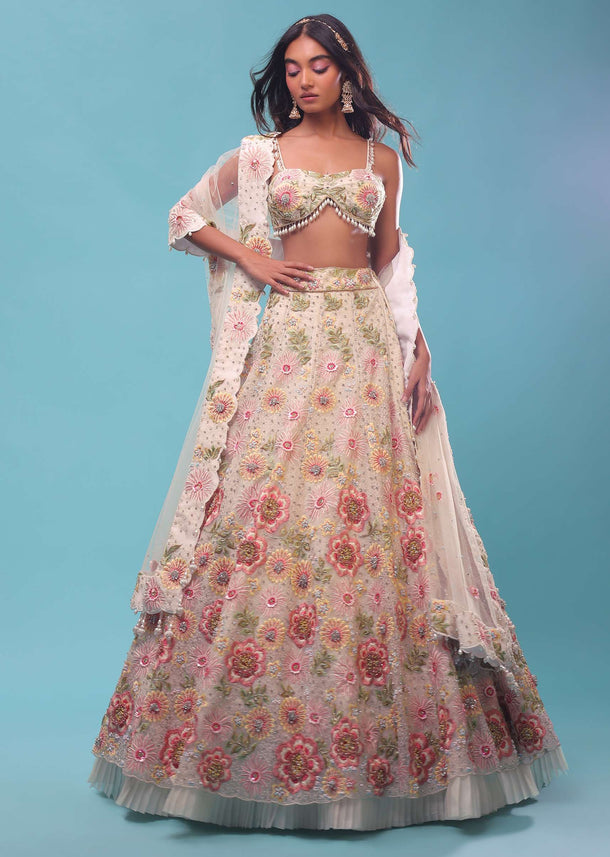 Organza-Made, Cream Lehenga With A Crop Top Embellished With 3D Flower Motifs In Moti Embroidery