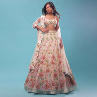 Organza-Made, Cream Lehenga With A Crop Top Embellished With 3D Flower Motifs In Moti Embroidery