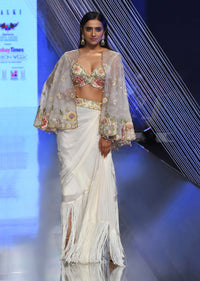 Cream Ready Pleated Saree With Multi Colored Floral Hand Work On The Blouse