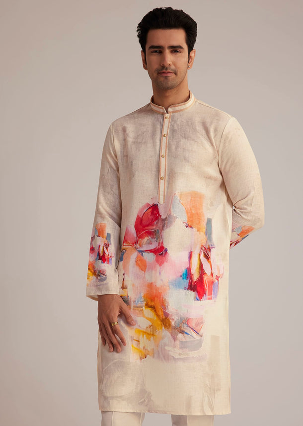 Cream Linen Kurta Set With Abstract Artistic Print