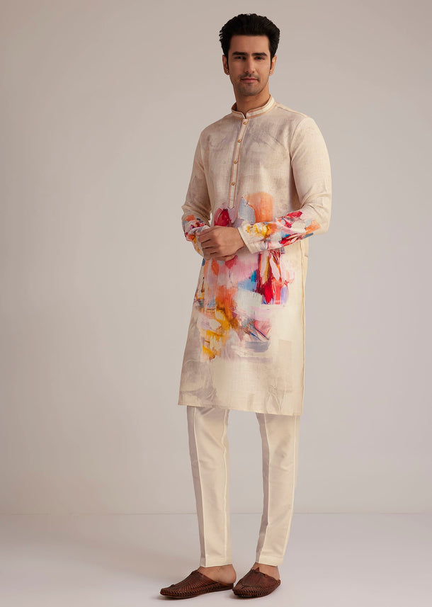 Cream Linen Kurta Set With Abstract Artistic Print