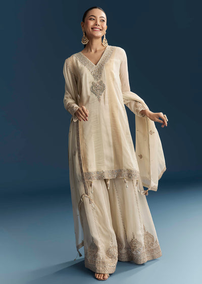 Cream Organza Palazzo Suit With Zari And Mirror Work