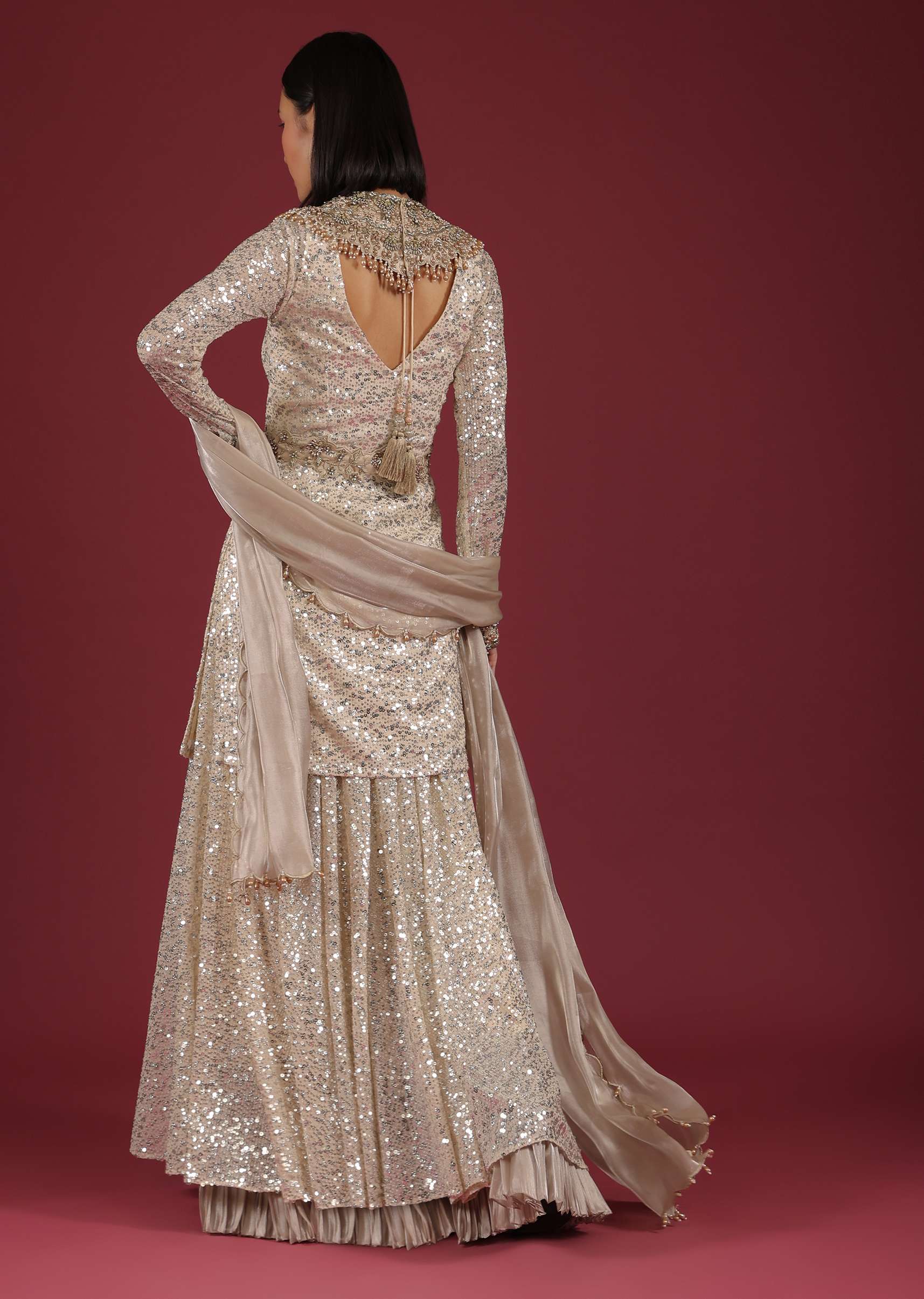 Cream Palazzo And Kurta In Sequins Embroidery, Pants Are Crafted In A Net With Frills On The Bottom