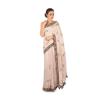 Cream peach saree in silk with gotta patch and resham embroidered butti only on Kalki