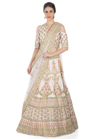 Creamy Pink Lehenga Choli In Raw Silk With Pink Resham And Zardosi Embroidered Floral Kalis Online - Kalki Fashion