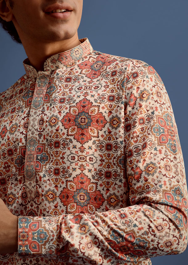 Cream Printed Kurta With Patiala For Men