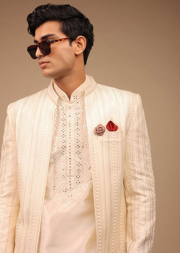 Cream Sherwani With Detailed Resham Work