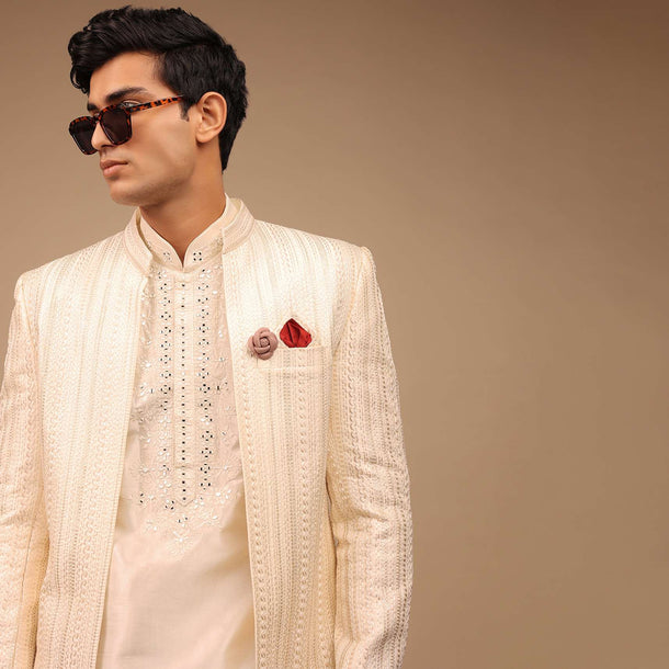 Cream Sherwani With Detailed Resham Work