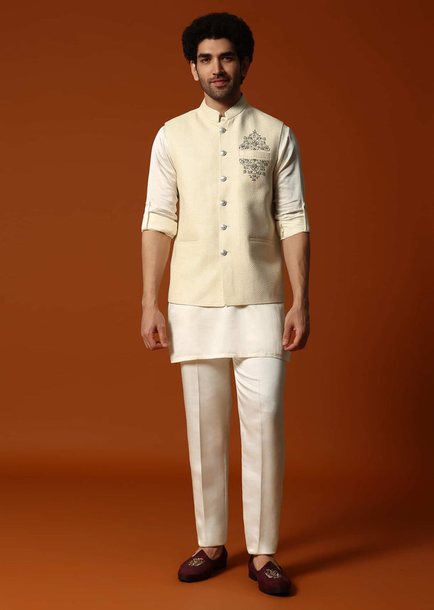 Cream Silk Kurta Jacket Set For men