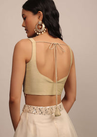 Cream Sleeveless Blouse With Sweetheart Neckline In Raw Silk