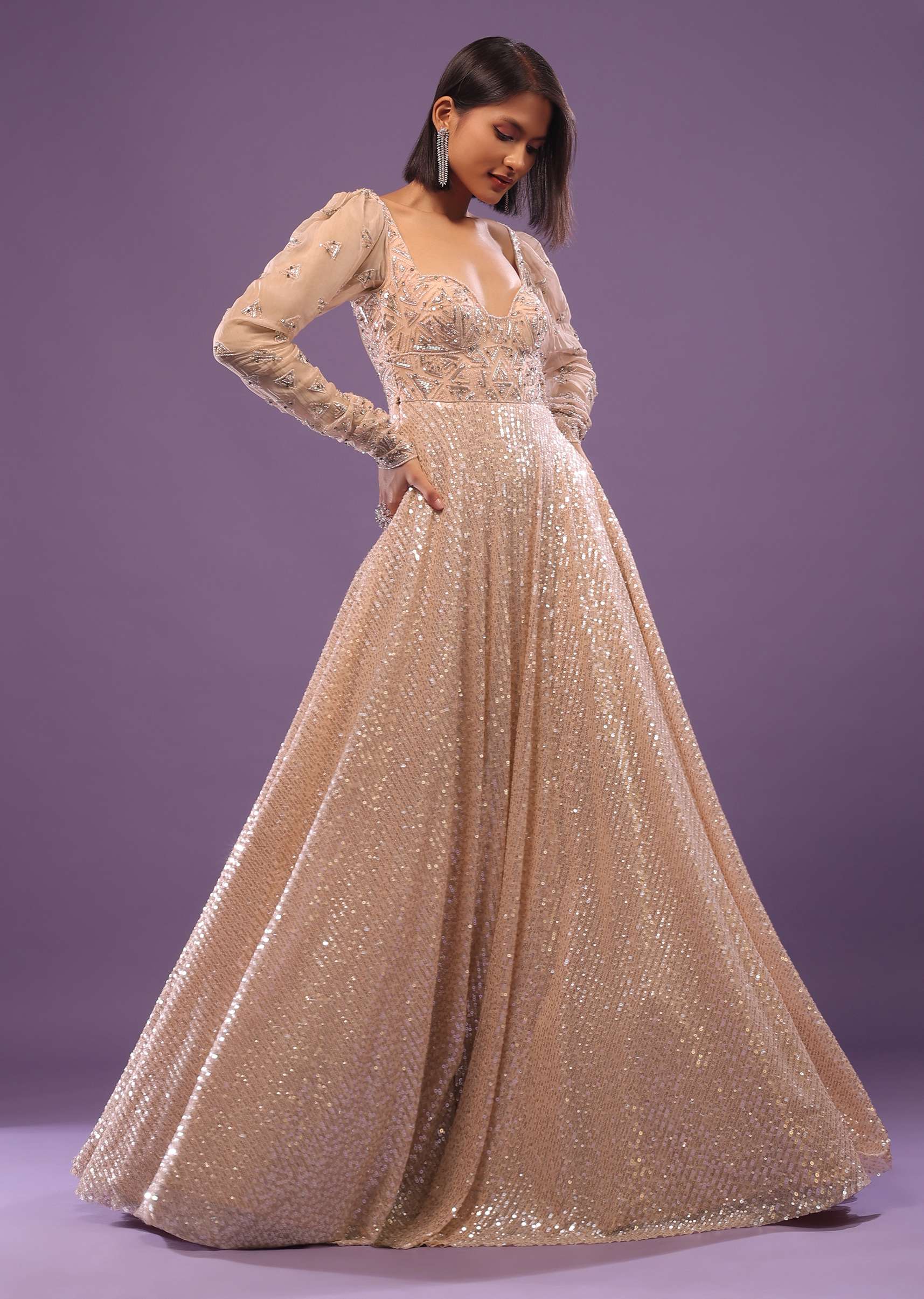 Salmon Pink Embroidered Gown In Sequins