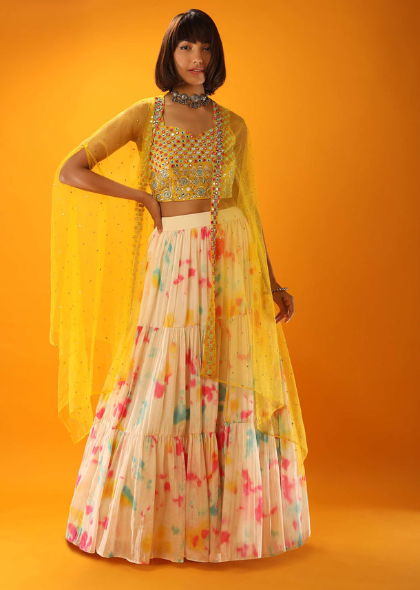 Cream Tie Dye Printed Skirt And Canary Yellow Crop Top Set With Mirror Abla Embroidery And Net Cape Jacket