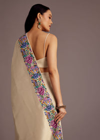 Cream Tussar Saree With Floral Embroidered Border