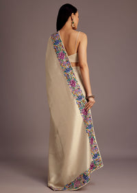 Cream Tussar Saree With Floral Embroidered Border