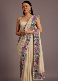 Cream Tussar Saree With Floral Embroidered Border
