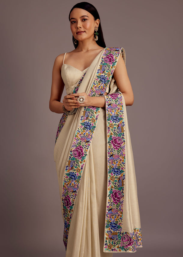 Cream Tussar Saree With Floral Embroidered Border